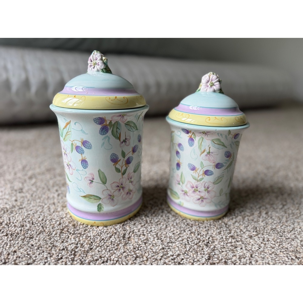 Capriware Hand Painted Ceramic Canister jars Set of 2 Floral blue Pastel